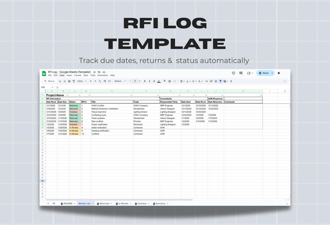 Basic Rfi Tracker RFI Log for Architects & Construction Teams | Google Sheets + Excel ...