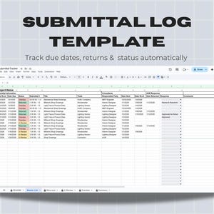 Puede incluir: Una hoja de cálculo digital titulada "Submittal Log Template" con el texto "Track due dates, returns & status automatically". La hoja de cálculo muestra datos del proyecto, incluidas fechas, estados y comentarios, organizados en columnas y filas.
