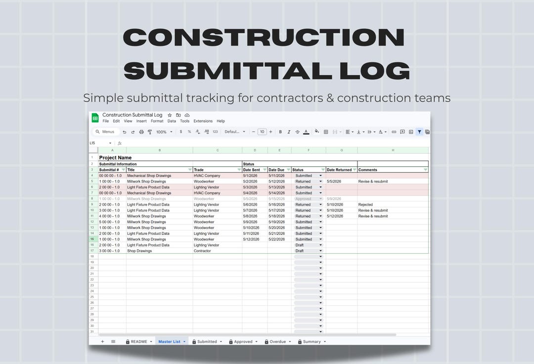 Construction Submittal Log Template | Contractor Submittal Tracker ...
