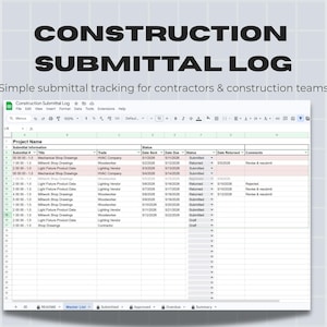 Pode incluir: Uma captura de tela de uma planilha intitulada "Construction Submittal Log". A planilha está aberta em um navegador da web e exibe colunas para o nome do projeto, informações de envio e status. O texto "Simple submittal tracking for contractors & construction teams" está acima da planilha.