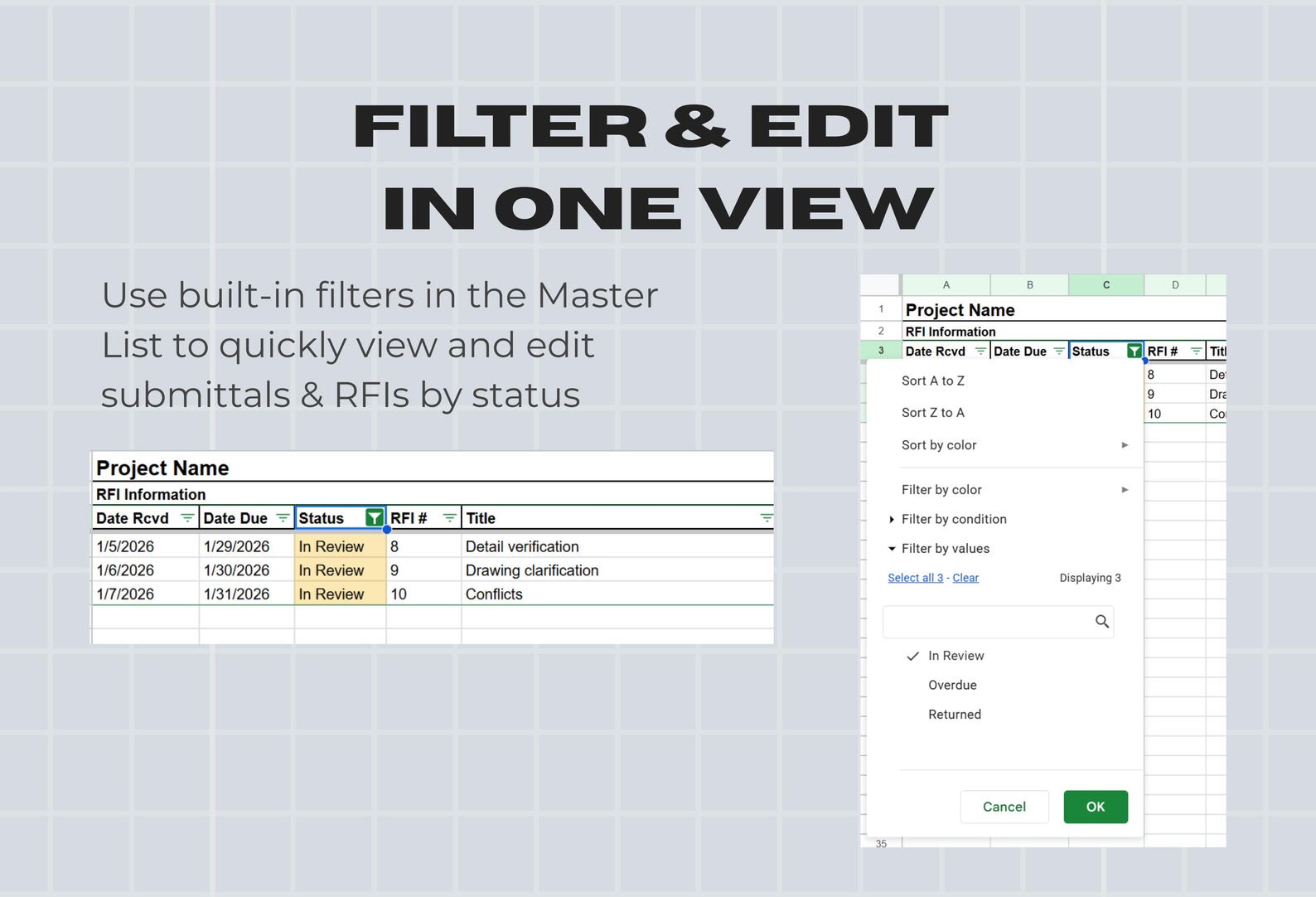 Submittal + RFI Log for Architects & Construction Teams | Google Sheets ...