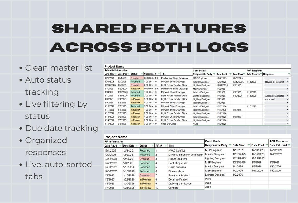 Lintern Tracking Log Submittal + RFI Log for Architects & Construction Teams | Google Sheets ...