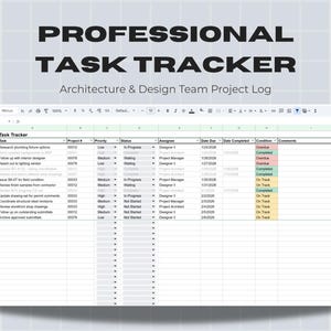Könnte beinhalten: Eine digitale Tabelle mit dem Titel "Professional Task Tracker" für das Projektprotokoll des Architektur- und Designteams. Die Tabelle zeigt Projektaufgaben, Prioritätsstufen, Status, Verantwortliche, Fälligkeitsdaten und den Fertigstellungsstatus.