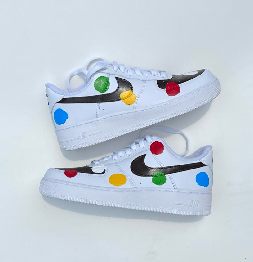 Women's Brown and White Nike Air Force 1s with Multi Colored Polka Dots
