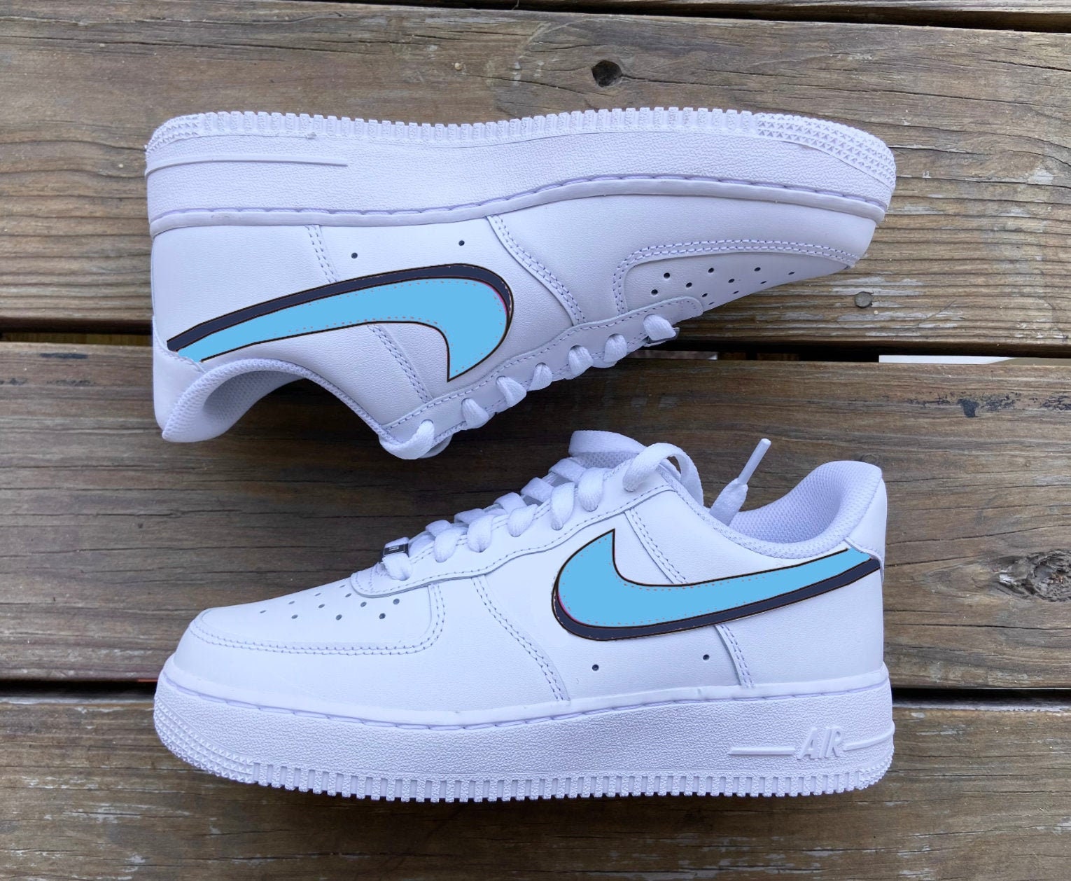 Custom Air Force 1S with Light Blue and Navy 3D Nike Swoosh