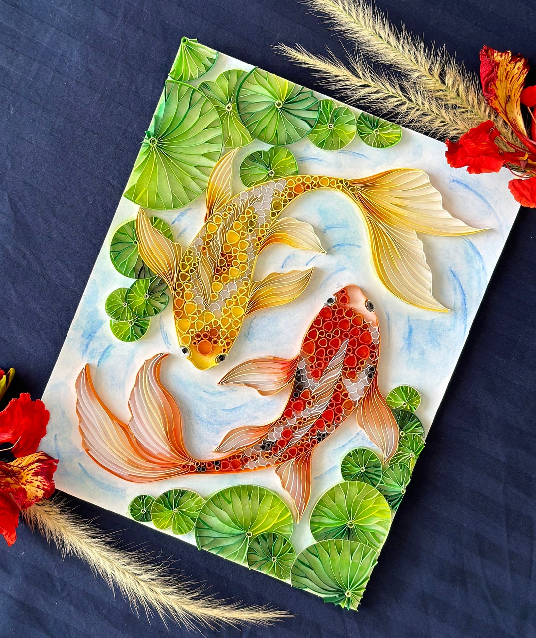 Koi Fish Art, Quilling Paper Wall Art, Paper Art, Handmade, Gifts for