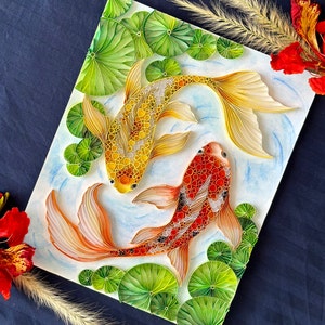 Arte di pesci koi, arte murale con carta quilling, arte di carta, fatto a mano, regali per lei, regalo di compleanno, decorazioni fai da te, artigianato, artigianato di carta, decorazioni per la casa