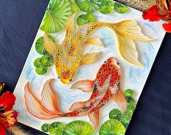 鯉のアート、クイリングペーパーのウォールアート、ペーパーアート