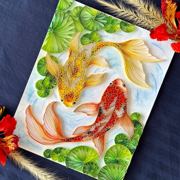 Art de poissons koi, art mural en papier quilling, art du papier, fait main, cadeaux pour elle, cadeau d'anniversaire, bricolage, créations manuelles, créations en papier, déco maison