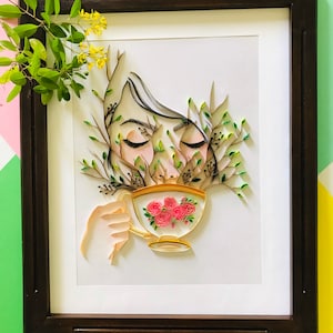 Art mural en papier quilling, créations en papier, créations en papier, thé, tasse à thé, fait main, cadeaux DIY, cadeau d'anniversaire, déco murale, décoration d'intérieur, création artistique