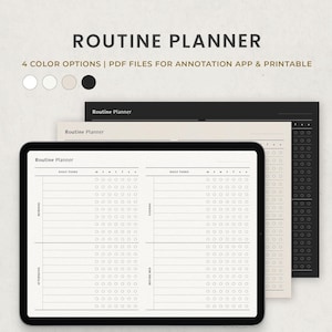Op de afbeelding: Een digitale plannertemplate voor een routineplanner. De template is verdeeld in twee kolommen, één voor dagelijkse taken en één voor dagelijkse tijdsblokken. De template is ontworpen om te worden gebruikt met een annotatie-app of om uit te printen.