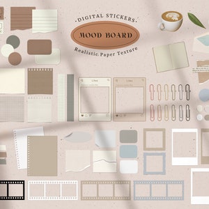 May include: Digital mood board stickers with a realistic paper texture. The stickers include various shapes, sizes, and colors, such as white, brown, and gray. There are also some paper clips, film strips, and a cup of coffee.