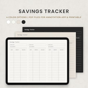 Puede incluir: Un rastreador de ahorro digital que se muestra en una tableta, con tres opciones de color adicionales apiladas detrás. El texto "SAVINGS TRACKER" está en la parte superior, con "4 COLOR OPTIONS | PDF FILES FOR ANNOTATION APP & PRINTABLE" debajo.