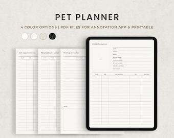 May include: A digital planner for pet owners with sections for vet appointments, medication tracking, pet care, and pet information. The planner is available in four color options and can be used in annotation apps or printed.