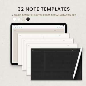 May include: A digital tablet displaying 32 note templates with 4 color options for annotation apps. The screen shows layered pages with grid and dot patterns in beige, white, cream, and black. A white stylus rests on the black template.