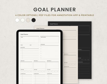 Goal Planner, Goal Setting, Productivity Digital Planner Template voor Goodnotes op Ipad, Printable Letter PDF, Minimal Beige Dark Pages
