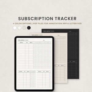 Subscription Tracker, Membership Bill Log Digital Planner Template for Goodnotes on Ipad, Printable Letter PDF, Beige Dark Minimal Pages