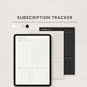 Rastreador de suscripciones, registro de facturas de membresía Plantilla de planificador digital para Goodnotes en Ipad, PDF de carta imprimible, páginas mínimas oscuras beige