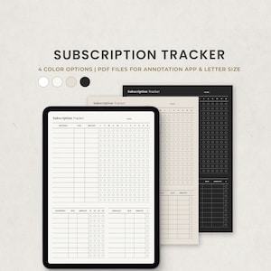 Subscription Tracker, Membership Bill Log Digital Planner Template for Goodnotes on Ipad, Printable Letter PDF, Beige Dark Minimal Pages