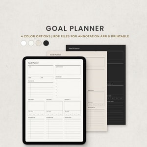 Goal Planner, Goal Setting, Productivity Digital Planner Template for Goodnotes on Ipad, Printable Letter PDF, Minimal Beige Dark Pages