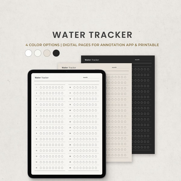 Daily Water Tracker, Hydration Intake Log Digital Planner Template for Goodnotes on Ipad, Printable Letter PDF, Dark Mode Digital Pages