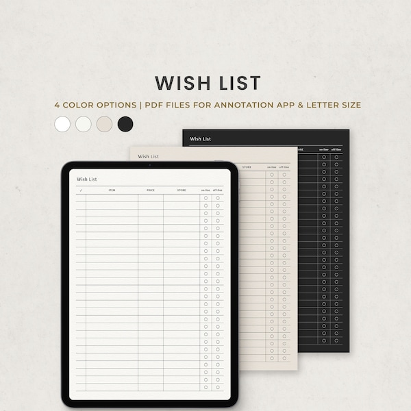 Wunschliste, Bucket List, Shopping Tracker Digitaler Planer Vorlage für Goodnotes Ipad, druckbare Brief PDF