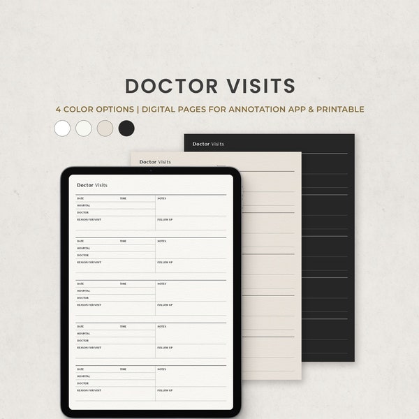Arztbesuche, Arzttermin, Gesundheitsprotokoll Digitale Planer vorlage für Goodnotes auf Ipad, Druckbare Buchstaben PDF, Dark Mode Digitale Seiten