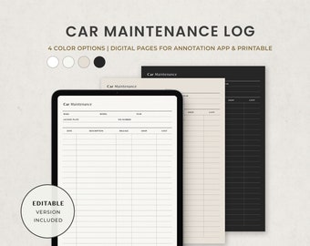 May include: A digital printable car maintenance log template with four color options: white, beige, black, and gray. The template includes sections for date, license plate, model, VIN number, mileage, shop, cost, and description.