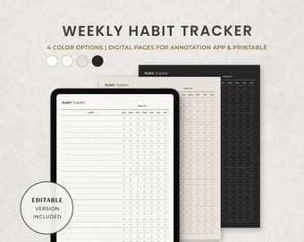 May include: A digital weekly habit tracker with four color options, designed for annotation apps and printable use. The image shows a tablet displaying the tracker, along with three different color variations: cream, beige, and black. The text "EDITABLE VERSION INCLUDED" is also visible.