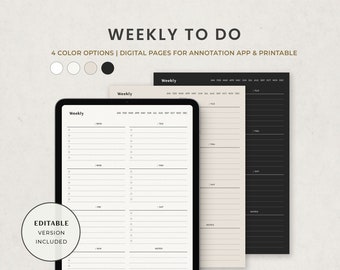 Weekly To do List Digital Planner for Ipad Goodnotes, Weekly Checklist, Weekly Portrait White Beige Dark mode Blackout Template