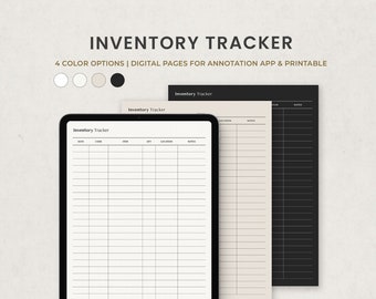May include: Four digital inventory tracker pages in white, beige, light brown, and black. Each page has a header that says "Inventory Tracker" and columns for date, code, item, quantity, location, notes, and total.