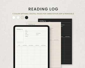 Puede incluir: Una plantilla de registro de lectura digital con cuatro opciones de color: blanco, beige, gris y negro. La plantilla incluye secciones para el título del libro, el autor, el género, la fecha de publicación, la fecha de inicio, la fecha de finalización, las páginas leídas y un sistema de calificación.