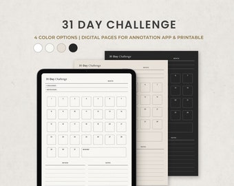 31 Day Challenge, Monthly Habit Tracker, Daily Goal Tracker Digital Planner Template for Goodnotes on Ipad, Printable Letter PDF