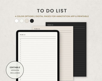 Takenlijst, checklist, takenlijst, minimalistische digitale planner-sjabloon voor Goodnotes op iPad, afdrukbare invulbare pdf, donkere modus digitale pagina's