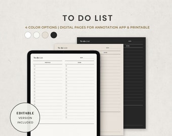 May include: A digital to-do list template with four color options: white, light beige, dark beige, and black. The template is designed for use in annotation apps and is printable. The text "To do List" is displayed at the top of the template.