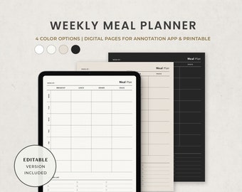 Meal Planner Digital Template, Weekly Menu Planner for Ipad Goodnotes Notability, Grocery List, Letter Printable PDF