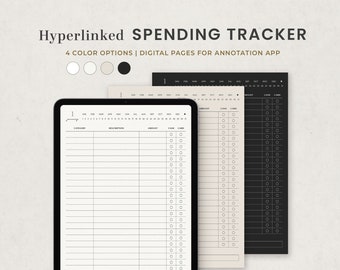 May include: A digital spending tracker template with four color options: white, beige, gray, and black. The template includes a calendar, category, description, amount, cash, and card columns. The text "Hyperlinked SPENDING TRACKER" and "4 COLOR OPTIONS | DIGITAL PAGES FOR ANNOTATION APP" is at the top of the image.