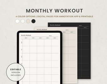 Monthly Workout Planner, Fitness Planner, Weight Loss Tracker Digital Template for Goodnotes on Ipad, Printable Fillable Editable Letter PDF