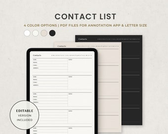 Contact List Digital Template, Address Tracker, Address Book, E-mail Contacts Log Template for Goodnotes on Ipad, Printable Letter PDF