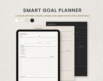 SMART Goal Planner, Goal Setting Digital Planner Template for Goodnotes on Ipad, Printable Letter PDF Dark Mode Digital Pages