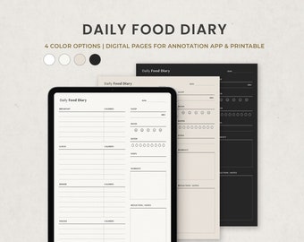 Daily Food Diary Printable, Digital Food Journal, Fitness Planner Template for Goodnotes on Ipad, Letter PDF