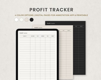 May include: Four printable profit tracker pages in different colors: white, beige, gray, and black. Each page has a grid layout with columns for product, sale price, cost, shipping, total, and profit.