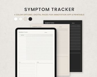Maandelijkse Symptoom Tracker, Chronische Pijn Tracker, Ziekte Tracking Digital Planner Sjabloon voor Goodnotes op Ipad, Portret Planner