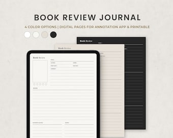 Book Review Journal, Reading Digital Planner Template for Goodnotes on Ipad, Printable Letter PDF, Beige Dark Minimal Pages