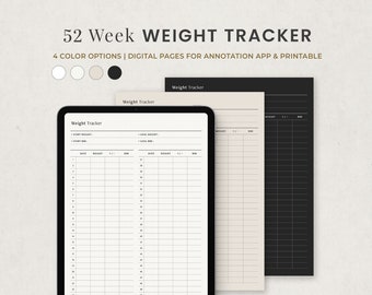 52 Week Weight Loss Tracker Digital Planner Template for Goodnotes Ipad | Weekly Weight BMI Log, Fitness Printable Planner PDF