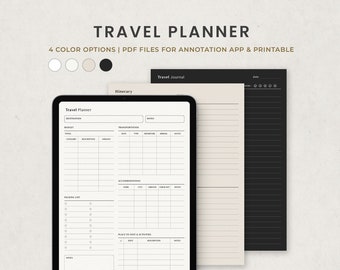May include: A digital travel planner displayed on a tablet, with a cream-colored itinerary and a black journal. The text reads "TRAVEL PLANNER" and "4 COLOR OPTIONS | PDF FILES FOR ANNOTATION APP & PRINTABLE."