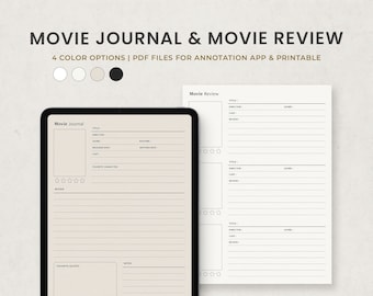 Movie Review und Movie Journal Digitale Planer Vorlage für Goodnotes auf Ipad, Druckbare Letter PDF, Minimal Beige Dark Digital Pages