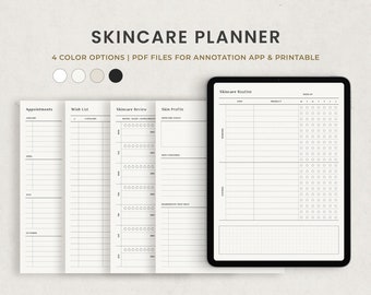 May include: A printable skincare planner with four color options. The planner includes sections for appointments, wish list, skincare review, skin profile, and a skincare routine tracker.