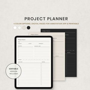 Pu&ograve; includere: Un modello di pianificatore di progetti digitale con quattro opzioni di colore. Il modello include sezioni per il titolo, la data di inizio, la data di scadenza, la data di completamento, i traguardi, le risorse, i passaggi dell'azione e le scadenze. Il testo "Versione modificabile inclusa" &egrave; visualizzato in un riquadro sul lato sinistro dell'immagine.