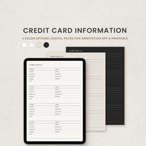 Modèle de planificateur numérique de suivi des informations de carte de crédit pour Goodnotes sur Ipad, lettre imprimable PDF, pages numériques beiges en mode sombre